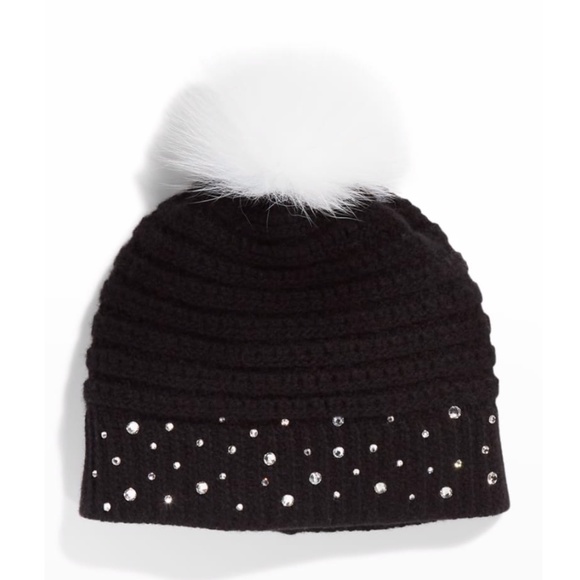 Carolyn Rowan Crystal Cashmere Beanie w/fox Fur Pompom - Picture 6 of 8